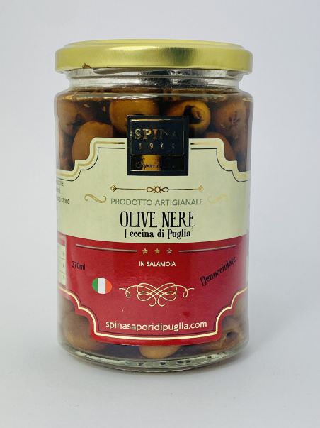 Spina Sapori di Puglia Olive Nere Leccina di Puglia schwarze Leccine-Oliven in Salzlake 330 g